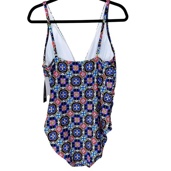La Blanca Casa Azul Colorful Tiles 1-pc Swimsuit Tie Front w/accents Sz 16 NWT - Picture 4 of 12
